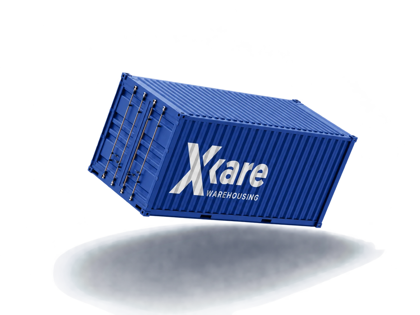 Modrý přepravní kontejner se značkou Xcare Warehousing